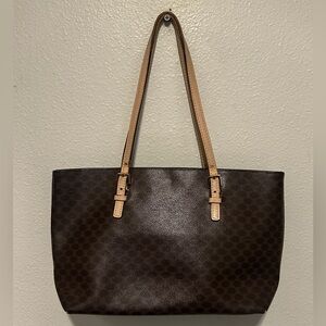 CELINE Macadam Tote/ Shoulder Bag Leather & Coated Canvas Brown Beige Vintage